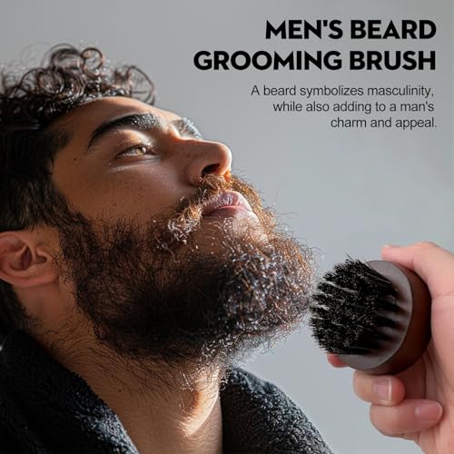 Men's Beard Brush, Small Round Wooden Handle, Sophisticated Boar Bristles