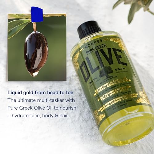 KORRES Extra Virgin Olive Oil for Face, Hair and Body, Moisturizer for Dry Skin and Hair, Pure, Greek Cold Pressed Olive Oil, Body Oil and Face, Hair Oil, Hydrating and Nourishing, 3.38 fl oz