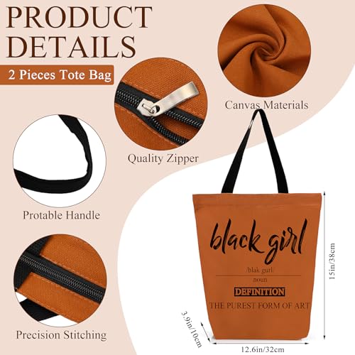 Paterr 2 Sets African Tote Bag for Women Brown Canvas Tote Handbags for Black Girls with Makeup Bag Set Fit Work Travel Beach Laptops with Zip Party Supplies