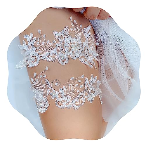 JWICOS 2PCS Wedding Lace Garter Set Flower Bridal Garter Belt Bride Stretch Garter Costume for Women (White)