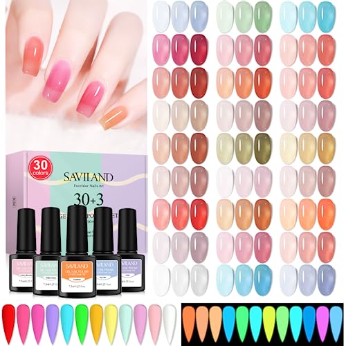 SAVILAND 30 Colors Jelly Gel Nail Polish Set with 12 Colors Glows in The Dark Gel Nail Polish Set