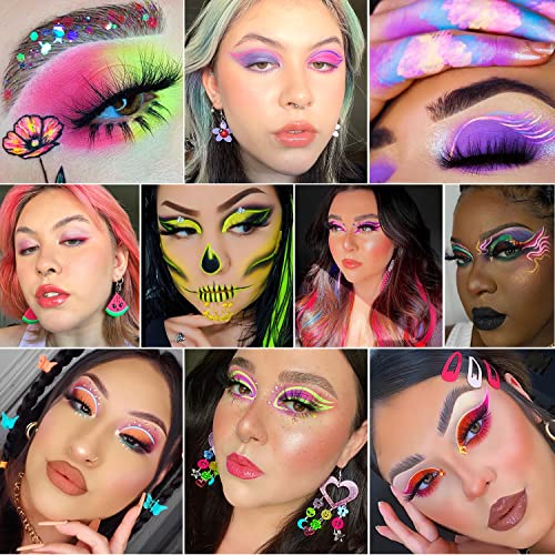 Water Activated Eyeliner Palette with Pressed Chunky Neon Glittee, Water Activated Face Body Paint UV Glow in the Dark Black light, Water Based Graphic Hydra Eyeliners with Cute Fruit Design -Orange
