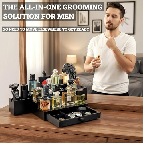 Classic Wooden Cologne Organizer for Men 3 Tier | Black Perfume Holder Shelf for Dresser | High Grade Velvet Lining and Stylish Gift Box | Uncluttered Design Perfume Display Stand