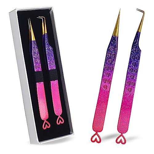 Precision Eyelash Extension Tweezers,Straight And 90-Degree, with Fiber Tip, Volume & Isolation Tweezers, Japanese Stainless Steel, Unique Heart Design (Multi-Color)