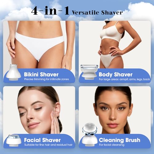 4 in 1 Electric Shaver for Women with Facial Brush, Electric Razor for Legs Underarm Pubic Hair, Bikini Trimmer IPX7 Portable Body Hair Removal, Wet & Dry Use, Rechargeable Grooming Kit, Light Blue
