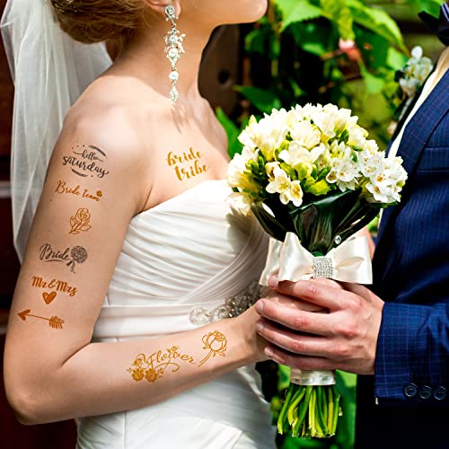 6 Sheets Gold Silver Temporary Tattoos for Women Men ? Metallic Tattoo Stickers for Bachelorette Party, Bridal Shower, Wedding Celebrations, and Team Bride Events ? Waterproof Fake Tattoos