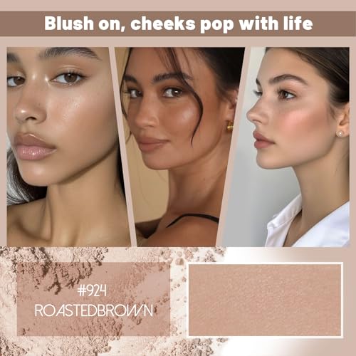 Baked Blush & Bronzer Palette, Fine Powder Makeup, Creamy Contour for Cheeks, Face Glow, Natural Shimmer Finish, Long-lasting Brightening Color (924#RoastedBrown)