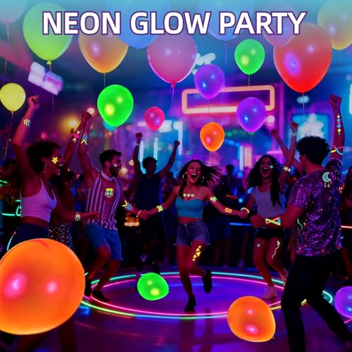 172 Pcs Temporary Tattoos - 100Pcs UV Neon Balloons for Adults Teens - Ideal for Neon Glow Party Decorations