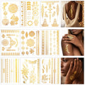 9 Sheets Gold Tattoos Temporary Tattoos For Women, Glitter Flash Tattoo Stickers Metallic Elaborate Sun Moon Star for Adult Festivals Parties Makeup Cosplay
