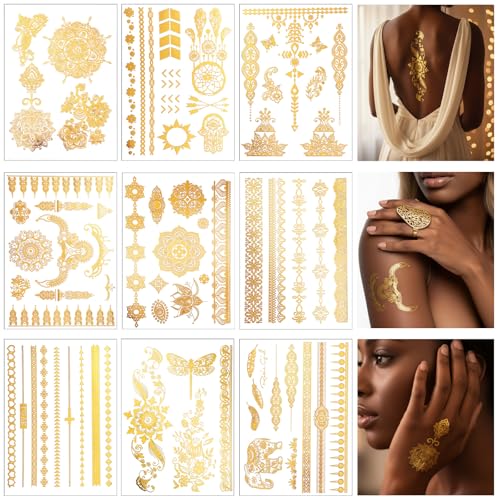 9 Sheets Gold Tattoos Temporary Tattoos For Women, Glitter Flash Tattoo Stickers Metallic Elaborate Sun Moon Star for Adult Festivals Parties Makeup Cosplay