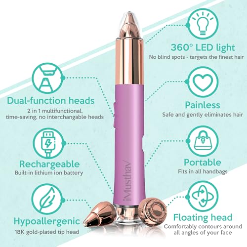 2 in 1 Eyebrow and Facial Hair Remover for Women Painless Flawless Electric Razor Epilator Trimmer Shaver with 18K Gold-Plated, USB Rechargeable, 360¡Æ LED for Eyebrow and Face Hair Removal