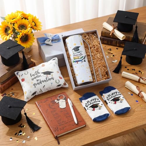 Patelai 6 Pcs 2026 Christian Graduation Gifts Set Congrats Grad Gift Basket for College High School with Tumbler Keychain Makeup Bag Notebook Pen Sock Graduation Present for Graduates Her Him Daughter