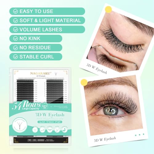 NAGARAKU W Eyelash Extensions High Capacity 54 Rows 3D Volume Premade Fan 0.07mm C Curl 7-15mm Mix Matte Black Easy Fanning yy Eye Lashes Handwoven W Shaped Wispy Cluster Professional Lash Supplies