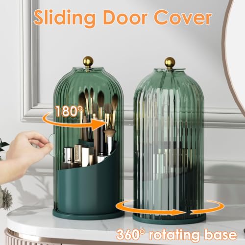 Makeup Brush Holder with Lid 360 Rotating Clear Dustproof Make Up Organizers for Vanity Bathroom Countertop, Green
