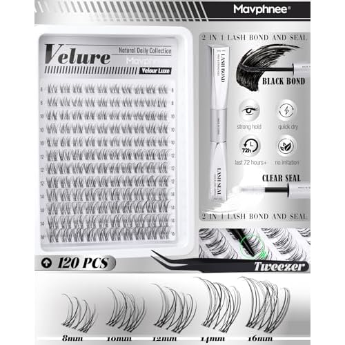 Clear Band Lash Clusters Kit Natural Cluster Eyelash Extensions Kit Wispy Individual Lashes CC-Curly Cluster Lashes Venus Eyelash Clusters Lash Bond and Seal Easy DIY Lash Kit (Velure, 8-16MM)