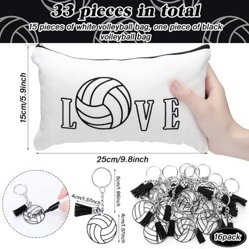 33 Pcs Valentines Day Volleyball Party Favors Include 16 Volleyball Makeup Bag Canvas Cosmetic Bag 16 Acrylic Keychain with a Marker for Birthday Team Lover Gift Filler