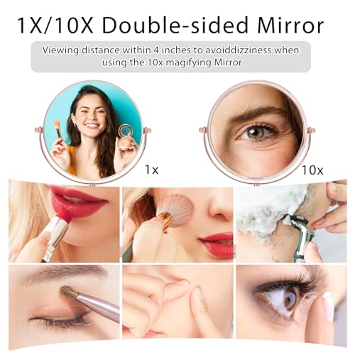 7"Rose Gold Glitter Diamond Rhinestone Makeup Mirror,360¡ÆRotate Round Tabletop Vanity Mirror Double Sided 1X/10X HD Undistorted Magnifying Mirror,Portable Vanity Women Gift (No Lamp Rose Gold)