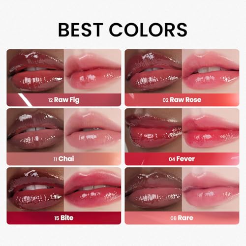 HINCE Raw Glow Lip Tint - Stain Glazed, Glossy Dewy Lip Gloss, Non Sticky & Long Wearing for Natural Glass Glow, Hydrating, Moisturizing Liquid Lipstick, Vegan, 0.13 fl.oz. (RAW FIG, 12)