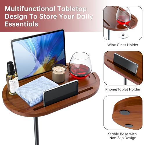 NiHome Bamboo Swivel Sofa Armrest Tray Table for Couch with Thickened Stable Base, Adjustable Height TV Tray Side Table with 360¡Æ Rotating for Bath Tub Hot Tub Bedside Balcony, Brown