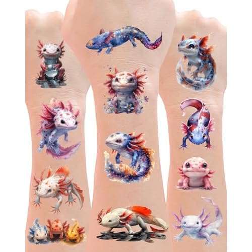 156Pcs Axolotl Temporary Tattoos - Cute Axolotl Tattoos Stickers for Axolotl Birthday Party Decorations Supplies, 20 Sheets