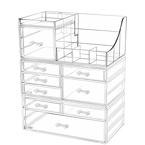 Cq acrylic 3 Pack Clear Make up Organizer Countertop,Stackable 9 Drawers Makeup Storage,Cute Vanity Organizers for dresser Hair Clip,Jewelry,Beauty Product Desk and Bathroom Organizers and Storage