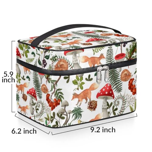 Makeup Travel Bag Organizer Toiletry Bag for Women Portable Cosmetic Storage Case with Handle, Large Capacity Lightweight Toiletries Brush Zipper Bag - Mushroom Fox