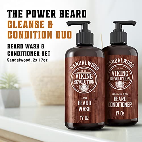 Viking Revolution Sandalwood Beard Wash and Beard Conditioner for Men (17 Oz each), Sandalwood Beard Balm (2 Oz) and Beard Oil (1 Fl Oz) - Beard Care Softener and Strengthener