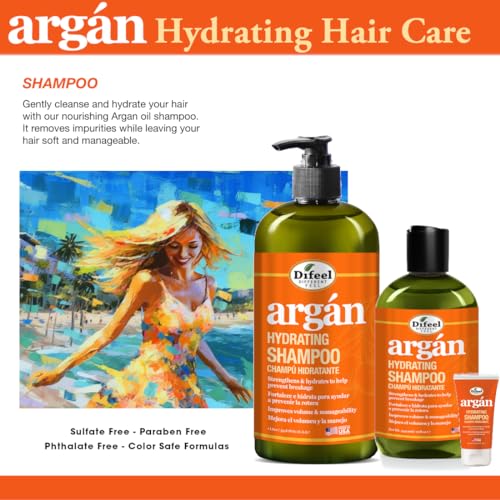 Difeel Argan Hydrating Shampoo 33.8 oz. - Natural Sulfate Free Argan Oil Shampoo for Hair