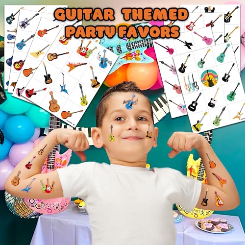 96 PCS Love Guitar Music Pre-Cut Temporary Tattoos for Kids Theme Birthday Party Decorations Supplies Favors Decor, Cute Rock Guitars Musical Instrument Stickers Tattoo Gifts for Boys Girls Prizes