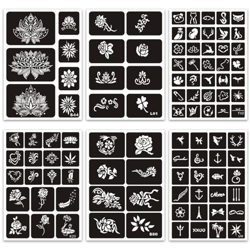 Temporary Tattoo Stencils Reusable for Women Girls, 344 PCS Henna Tattoo Stencil Kit, Temporary Glitter Tattoo Stencils for Face Body Paint DIY