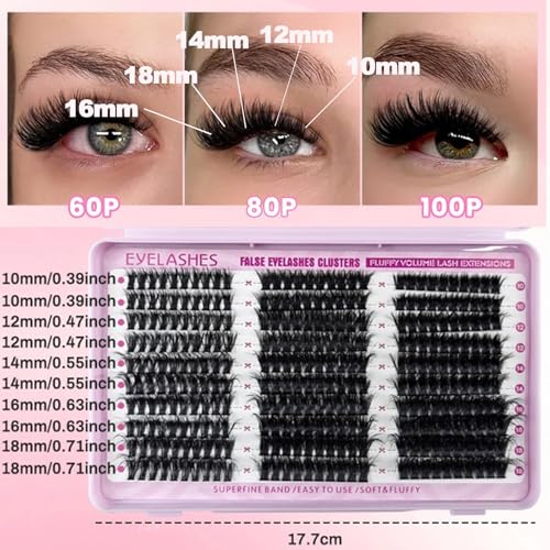 Eyelash Clusters Extension Natural Thick D Curl Cluster 300pcs 60D+80D+100D 10-18mm Individual Eyelash Extensions Natural Fluffy Wispy Fake Eyelashes,(60D+80D+100D, 10-18mm,300Pcs)