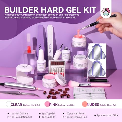 Saviland Builder Nail Gel Set with Nail Drill ? 6 Colors Spider Gel with Nail Art Brushes 3Pcs Hard Gel(VE&VB5&Kerain) Clear Pink Nudes Builder Nail Gel with Lamp Nail Brush for Nail Extension Shaping
