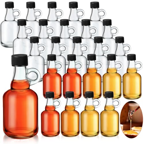 24 Packs 3.4 oz Glass Syrup Bottles with Handle and Black Lids, Mini Maple Syrup Bottles for Party & Wedding Favors Gifts, Honey, Coffee, Juice