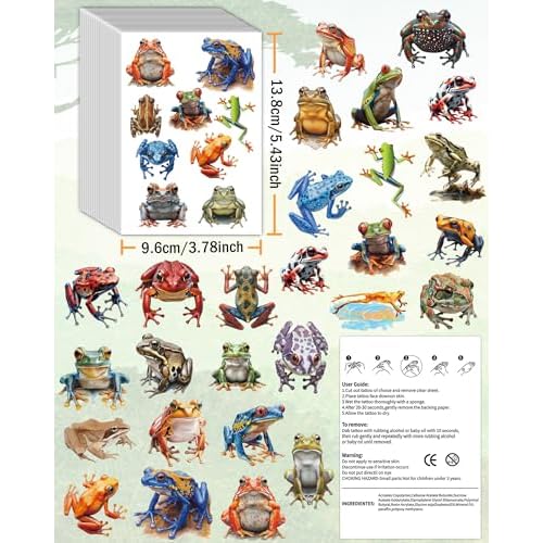 Frog Temporary Tattoos, 188 PCS 20 Sheets, Hypoallergenic, Hyper-Realistic Design, Frog Party Tattoos Stickers Themed Gifts for Leap Frogs Enthusiasts