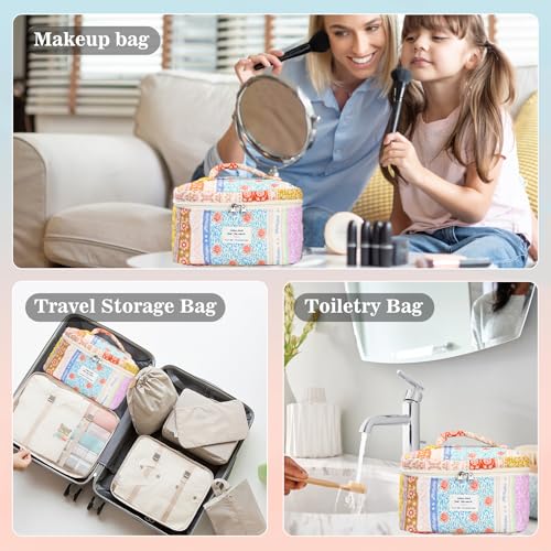 3Pcs Quilted Makeup Bag - Cotton Large Floral Makeup Bag, Travel Cosmetic Bag Cute Flower Aesthetic Floral Toiletry Organizer Bag Set for Women (08Yellow-Red)