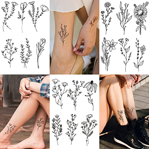 Cerlaza 75 Styles Tiny Black Flower Branch Temporary Tattoos For Women, 16 Sheets Realistic Wild Flower Floral Small Fake Tattoo Adults, Christmas Tattoo Stickers for Hands Legs Body Sticker