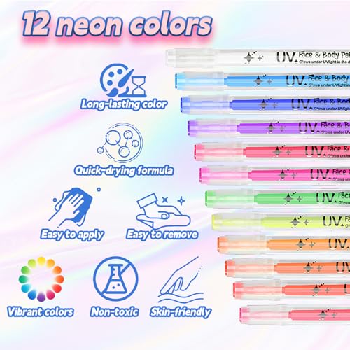 12PCS Glow in the Dark Face Paint Pens, UV Neon Face and Body Paint Markers - Skin Safe, Body Art Pens for Kids Adults, Festival Party Supplies