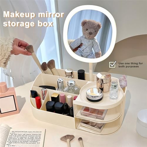 DASITON Makeup Organizer with Rechargeable Mirror,Makeup Brush Holder with 2 Drawers,Skincare and Cosmetics Organizer Countertop,Large Capacity Cosmetic Display Case for Vanity,Bedroom,Bathroom(Cream)
