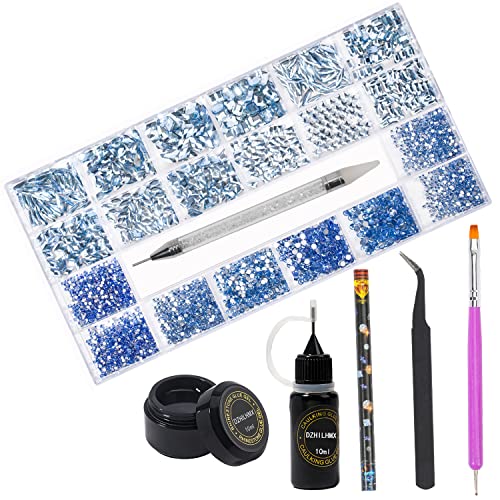 Nail Rhinestones - 4300pcs Light Blue Crystals, Multiple Shape Gems, Flat Back Rhinestones, with Kit and Glue Gel, for Nail Art Decoration
