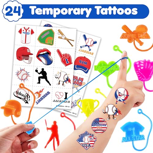 48PCS Baseball Party Favors - 24PCS Temporary Tattoos & 24PCS Stick Hands Party - Perfect Birthday Party Supplies, Goodie Bag Stuffers, Treasure Box Toys, Classroom Prizes, and Student Gifts