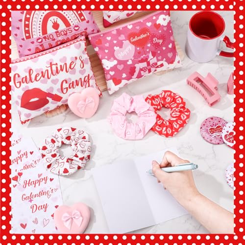 48 Pcs Galentine's Day Gifts Set Include Hairpin, Hair Scrunchies, Mug, Makeup Bags, Cards, Makeup Puff, Clear Gift Bag, Mirrors for Women Galentines Day Party Favors Bestie Valentine Friend