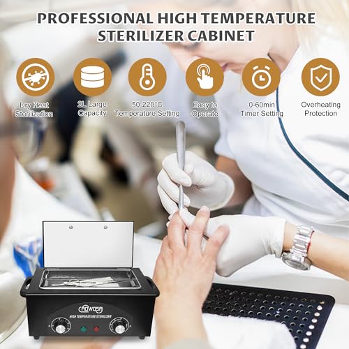 High Temperature Metal Tool Cleaning Box, 2L Dry Heat Cabinet Beauty Hair Nail Metal Tool Cleaning for Manicure Pedicure Barber, with 0-60 Min Timer & 50-220¡É Temp Settings, Plastic Sterilization Tray