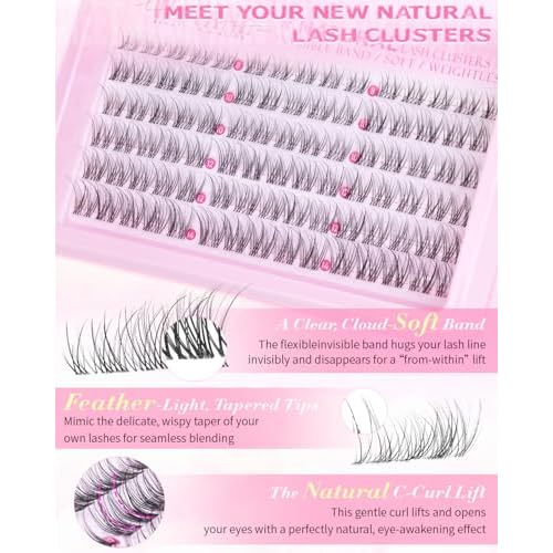 Lash Clusters Natural 8-14mm Short Cluster Eyelash Extensions Wispy Eyelash Clusters Clear Band Lashes Clusters Pesta?as Postizas Naturales C Curl Individual Lashes Extensions Natural Look
