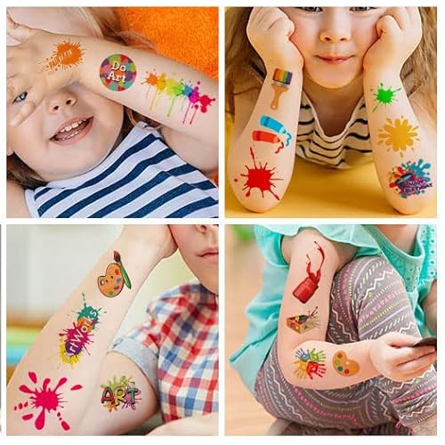 Art Temporary Tattoo Paint Birthday Party Favors Decorations Art Birthday Party Tattoos Stickers Favors Creative Party Supplies for Kids Girls Boys Gifts Classroom School Prizes 24 Sheets (144PCS)