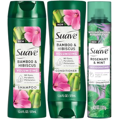Suave Volumizing Shampoo and Conditioner Set, Bamboo & Hibiscus + Dry Shampoo for Women, Rosemary & Mint