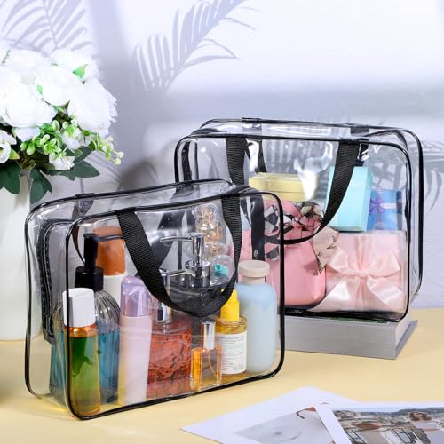 10 Pack Extra Large Clear Toiletry Cosmetic Bags with Zipper and Handle, 11.8 x 3.5 x 8.7 Inches PVC Plastic Makeup Waterproof Transparent Handbag & Travel Tote Pouch for Women Men