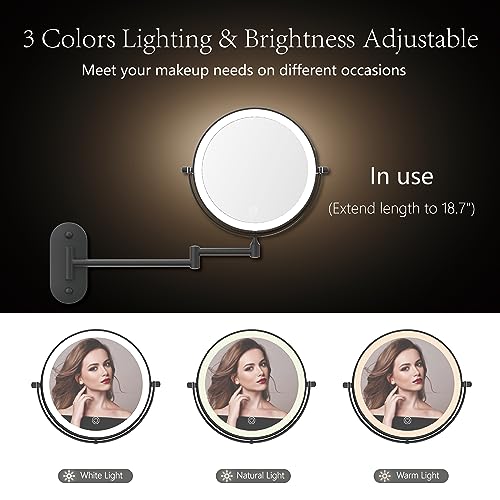 Rechargeable Wall Mounted Lighted Makeup Vanity Mirror 8 Inch Double Sided 1X 10X Magnifying Bathroom Mirror, 3 Color Lighting, Touch Screen Dimming, 360 Rotation Shaving Mirror