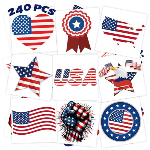 winthrop 240 Pcs 4th of July Temporary Tattoos for Kids - Individually Wrapped, Waterproof & Safe USA Flag & Election Designs, Perfect for Independence Day, 60 Unique Patterns