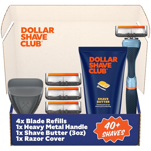 Dollar Shave Club | The Member Exclusive Shave Set | 4 Extra Close Refill Cartridges, 1 Handle (Blue), 1 Shave Butter 3 ounce, 1 Razor Cover, Razors for Men
