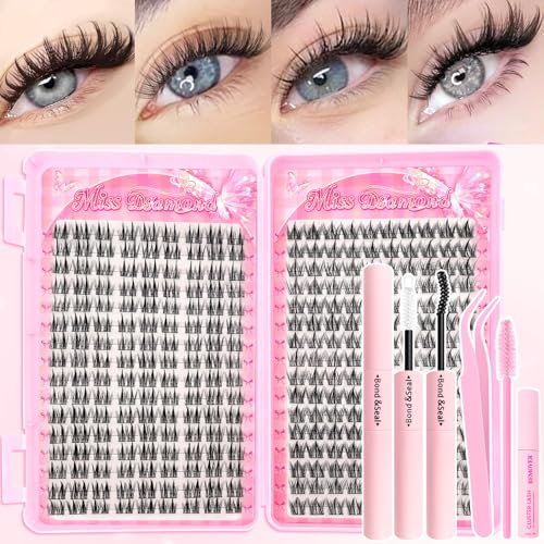 Lash Clusters Kit 608pcs, Natural Wispy DIY Eyelash Lashes Clusters Manga Extensions Kit, Spiky Lash Clusters D Curl with Lash Glue Brush Tweezer Remover